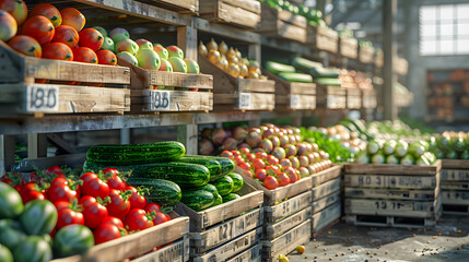 Various vegetables harvested in wooden boxes in a warehouse