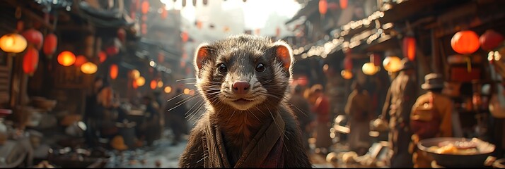 Within bustling streets of Tokyo a sleek ferret named Hiro scampers through the crowded alleyways his curious nature leading him to explore every nook and cranny of the urban landscape