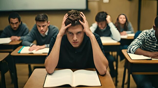 &Uuml;berforderter Sch&uuml;ler sitzt im Klassenzimmer und h&auml;lt sich den Kopf