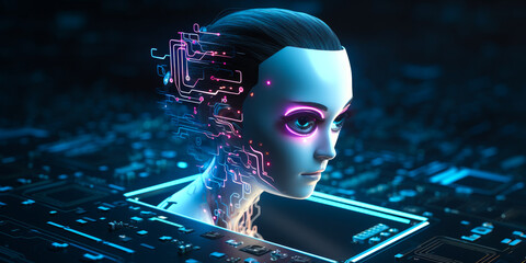 Futuristic AI Cyborg Face with Glowing Circuitry Network - Concept of Advanced Artificial Intelligence and Machine Learning Technology
