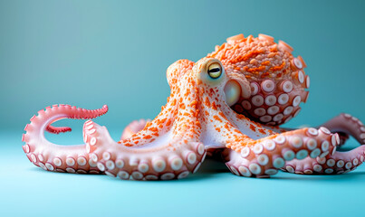 Vibrant Pink Octopus Displayed against a Serene Blue Background, Highlighting Unique Marine Life and Color Contrast in Studio Setting