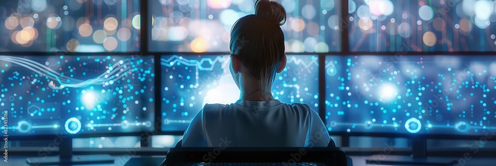 Poster female telecommunications manager working on a desktop computer in a modern office. dedicated softwa