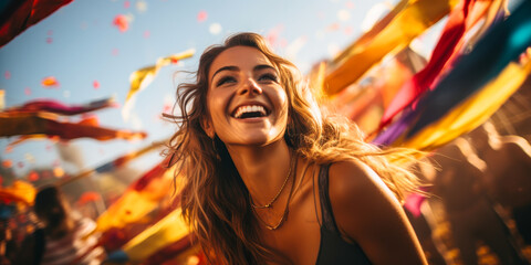 Obraz premium Joyful Young Woman Enjoying Colorful Music Festival, Vibrant Outdoor Scene with Confetti, Sunset Laughter and Happiness Captured