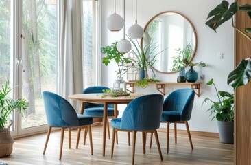 Obraz premium A modern dining room with a round wooden table, four blue chairs and an open shelf on the wall