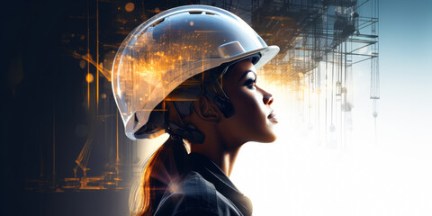 Visionary Female Engineer Double Exposure with Urban Construction Site at Sunset, Symbolizing Innovation and Leadership in Engineering