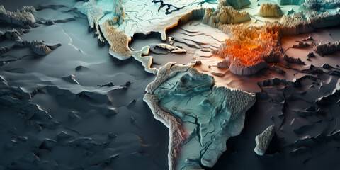 Stylized Topographic Render of South America Featuring Dramatic Terrain Elevation and Textured Landscapes, Ideal for Geographic Illustrations and Educational Use