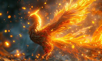 Majestic Phoenix Rebirth in Fiery Ashes: A Symbol of Renewal and Immortality in a Spellbinding Fantasy Render
