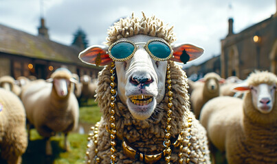 Stylish Rapper Sheep with Gold Necklace and Sunglasses in Rural Background, Hip-Hop Animal Concept