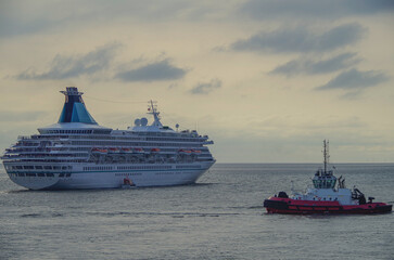 Luxury German cruiseship cruise ship ocean liner Artania sail away departure from Bremerhaven,...