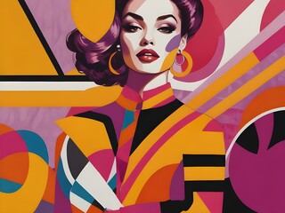 A fashion illustration in the style mix of bold graphic illustrations and watercolor, posing for the camera colorful shapes and curves in orange, pink, purple and yellow colors. Generative AI