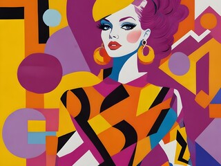 A fashion illustration in the style mix of bold graphic illustrations and watercolor, posing for the camera colorful shapes and curves in orange, pink, purple and yellow colors. Generative AI
