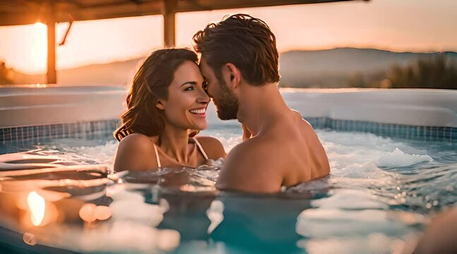 Verliebetes Paar sitzt im Whirlpool und genie&szlig;t den Moment