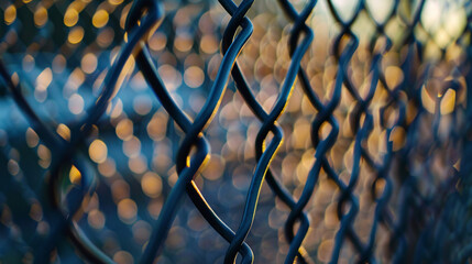 Chain link fence bokeh background. Abstract image of chain link fence with golden bokeh lights in background, perfect for website banner or print background.