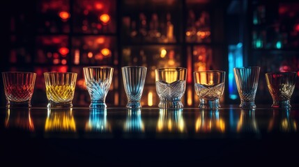 illuminated drink glasses on bar dark background