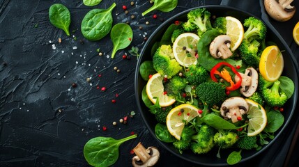 Wholesome vegan bowl with avocado, mushrooms, broccoli, and fresh spinach for a nutritious lunch