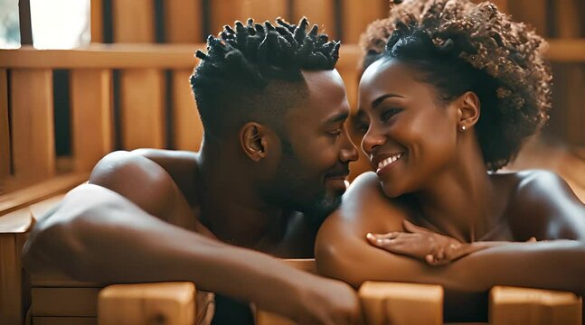 Verliebetes Paar sitzt in der Sauna und genie&szlig;t eine Auszeit