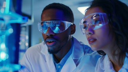 Two female and male students using safety goggles and white coats in science class, collaborating on a college project. Scholarly discussion as they study for computer engineering exams.