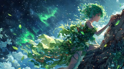 An anime-style girl with green hair and a white dress with green leaf-like attachments is sitting on a cloud. She is surrounded by glowing blue-green lights and falling leaves.

