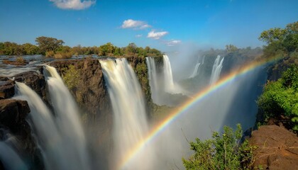 Victoria Falls (Mosi-oa-Tunya), worlds largest waterfall located on the Zambezi River. Rainbow jutting through blue skies, looking out over walkway surrounding the falls