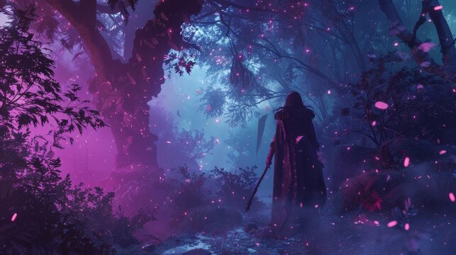 Fun Gameplay of 3D Colorful Fantasy Role Playing Game Set in Misty Magical Forest. Female Hero Character Fighting Monsters, Enemies. 3D Animation.