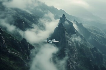 A paper airplane carrying a tiny camera, capturing breathtaking aerial photographs of a majestic mountain range. - Powered by Adobe