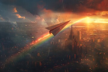 A paper airplane carrying a message of hope and peace, flying over a war-torn city towards a bright...