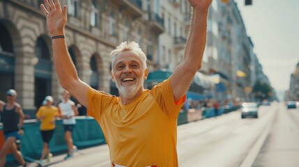 Middle-aged Man Running in a City Marathon, Waving at a Supportive Audience. Happy and friendly runner crossing the finish line.