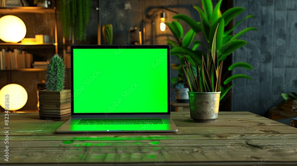 Poster a green screen laptop computer sits on a wooden desk with a height-adjustable feature, next to a chr