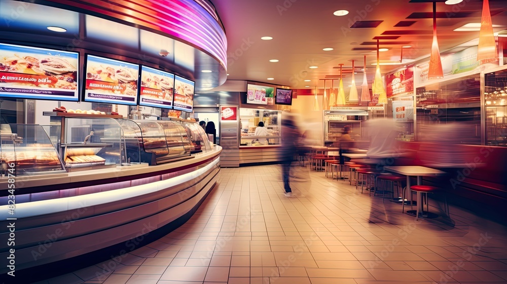 Sticker bustling blurred fast food restaurant interior