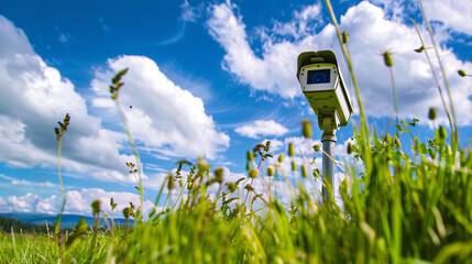 Security camera in nature. Security camera overlooking a lush green field with a beautiful blue sky, highlighting the intersection of technology and nature.