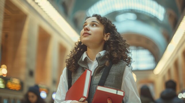 An intelligent Caucasian female student holding books in a crowded train station. She is dressed in a sweater vest and white shirt and is looking up to the sky with hopeful eyes.