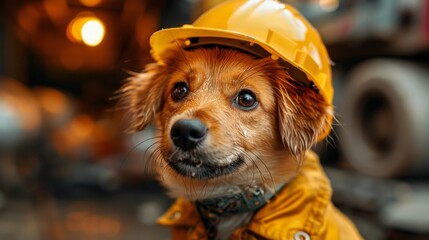 Up close image of a dog with a safety helmet; possibly a humorous construction site mascot