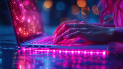 Woman's hands typing on a laptop keyboard, illuminated by a vibrant pink and blue backlight