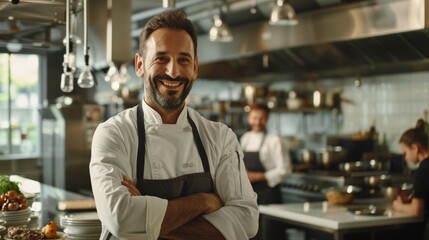 In the background, his staff works in an advanced kitchen as a famous chef crosses arms and smiles.