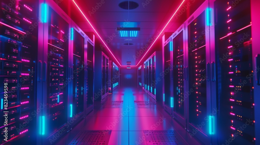 Poster this is a shot of a working data center with rows of rack servers, led lights blinking, and computer
