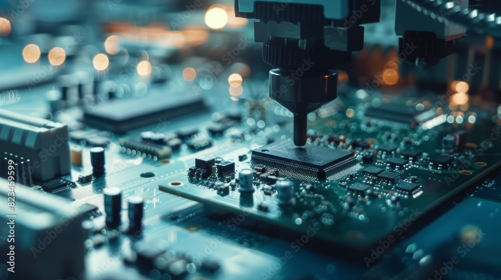 Poster a factory machine at work assembling a printed circuit board using an automated robot arm, surface m