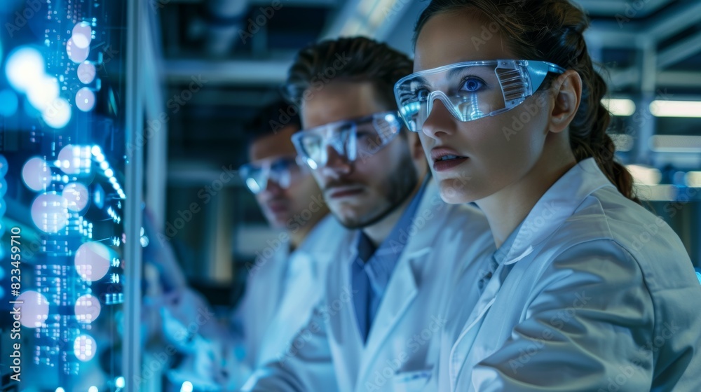 Poster three professional engineers in a high-tech factory. printed circuit board assembly line using surfa