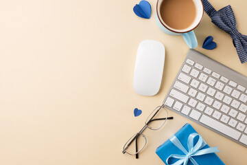 Top view of office desk with keyboard, mouse, glasses, and blue themed accessories. Ideal for business, office, or Father's Day promotions