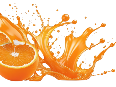 Orange Sliced juice, splashing water. Isolated background.