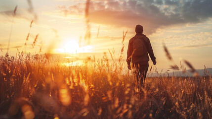 Golden hour hike. A lone hiker with a backpack enjoys a scenic sunset walk through a golden field, capturing the beauty of nature.