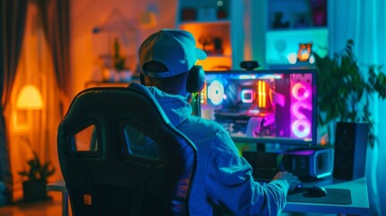 Obraz premium A professional gamer plays an online first-person shooter game on his computer with colorful neon lights. This young man sports a cap. A cozy evening at home.