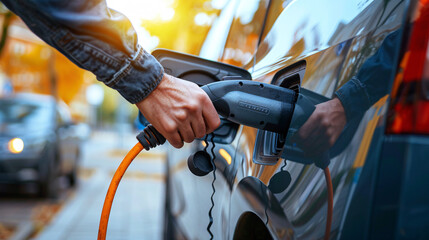 A close-up shot of a hand plugging a charging cable into an electric vehicle at a charging station, with environment in the background