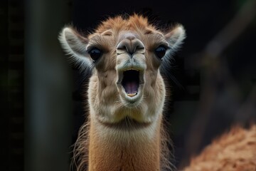 Obraz premium A llama, with mouth agape, shows off its charming and curious nature.