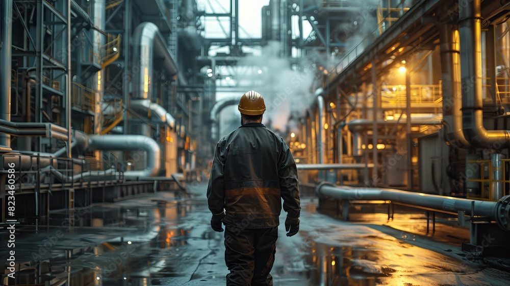 Poster Walking through industrial facilities is a factory worker wearing a hard hat.