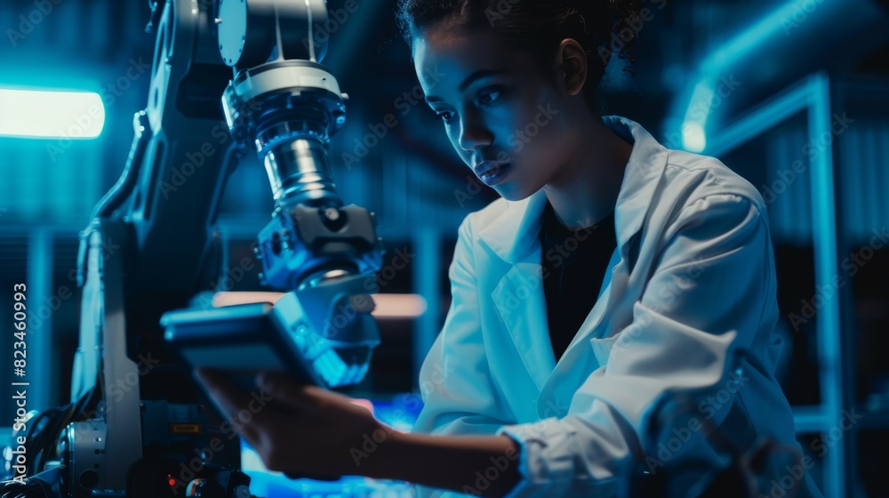 Poster female industrial robots engineer manipulates robot arm with tablet computer using machine learning 
