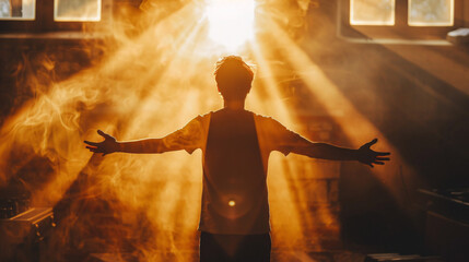 Silhouette of man with arms outstretched in golden light. Download this inspiring stock photo of a man embracing the light, perfect for concepts of hope, faith, and new beginnings.