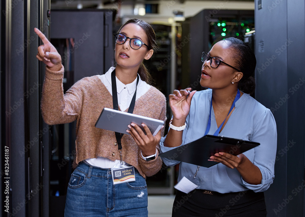 Aufkleber Server, technician and people programming maintenance on tablet with teamwork in IT and engineering. Datacenter, repair and programmer with engineer problem solving to fix technology in collaboration