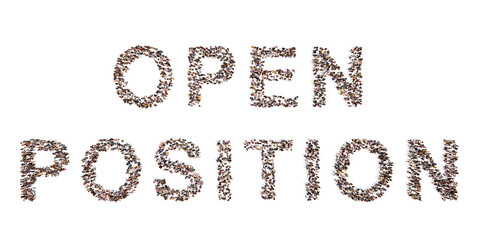 Conceptual large community of people forming the OPEN POSITION message. 3d illustration metaphor for vacancy, recruitment, opportunity, challenge, business, professional, career and success