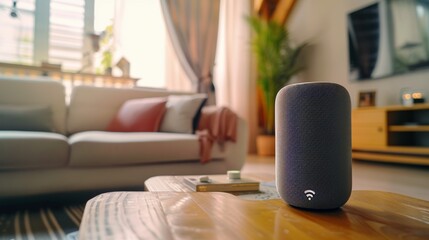 This is a shot of a smart speaker with artificial intelligence assistant with Wi-Fi symbol in a bright cozy living room.