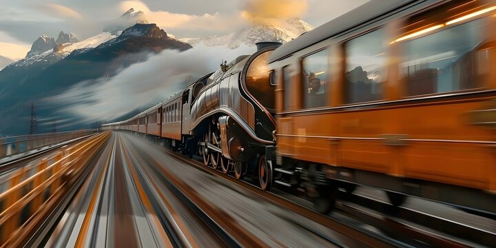 1920s Orient Express train speeding on track with mountains in background. Concept Vintage Transportation, Train Travel, Mountain Landscape, Historical Mode of Travel, Nostalgic Adventure